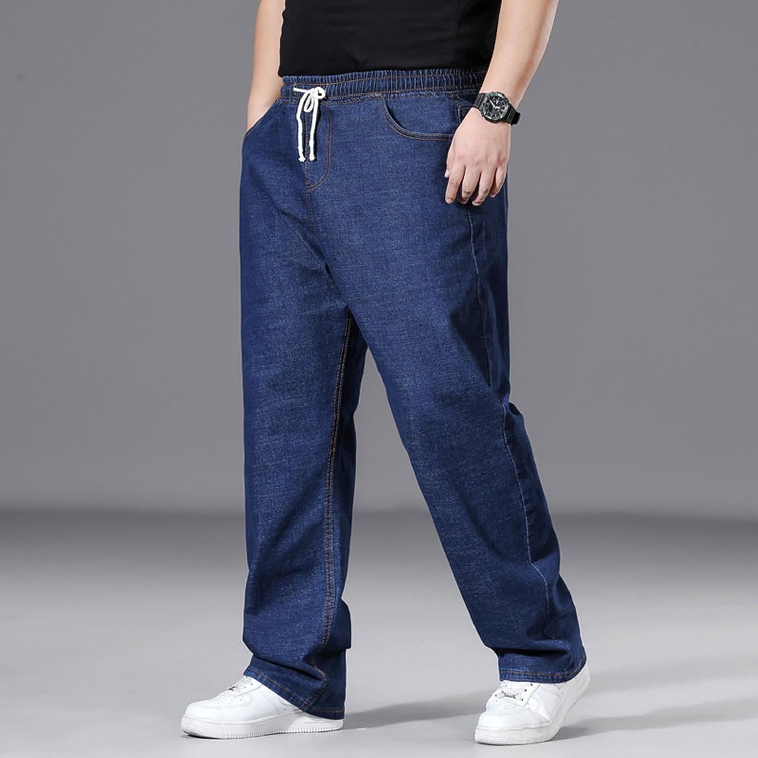 Plus Size Baggy Jeans for Men Elastic Waist Pull On Denim Pants Drawstring Straight Loose Jean Sweatpants classic straight leg jeans