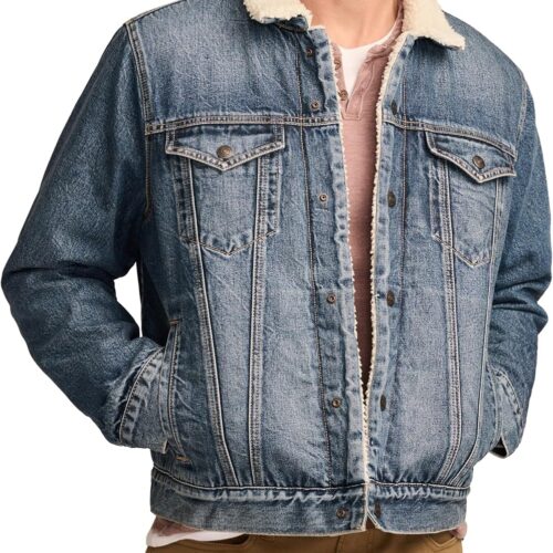 Sherpa Fleece Lined Denim Jacket with Multiple Functional Pockets and Sherpa Collar
